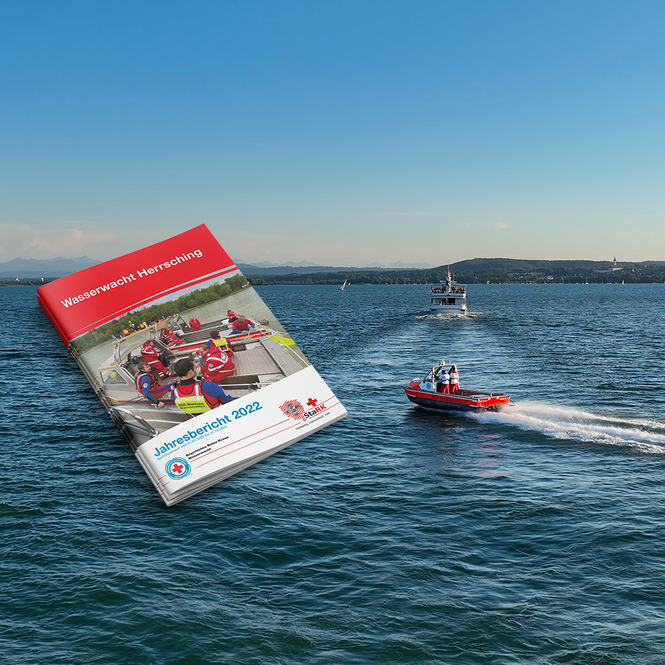 Zu sehen ist under Boot Toni auf dem See. Daneben ist eine Grafik des Jahresberichtes zu sehen.